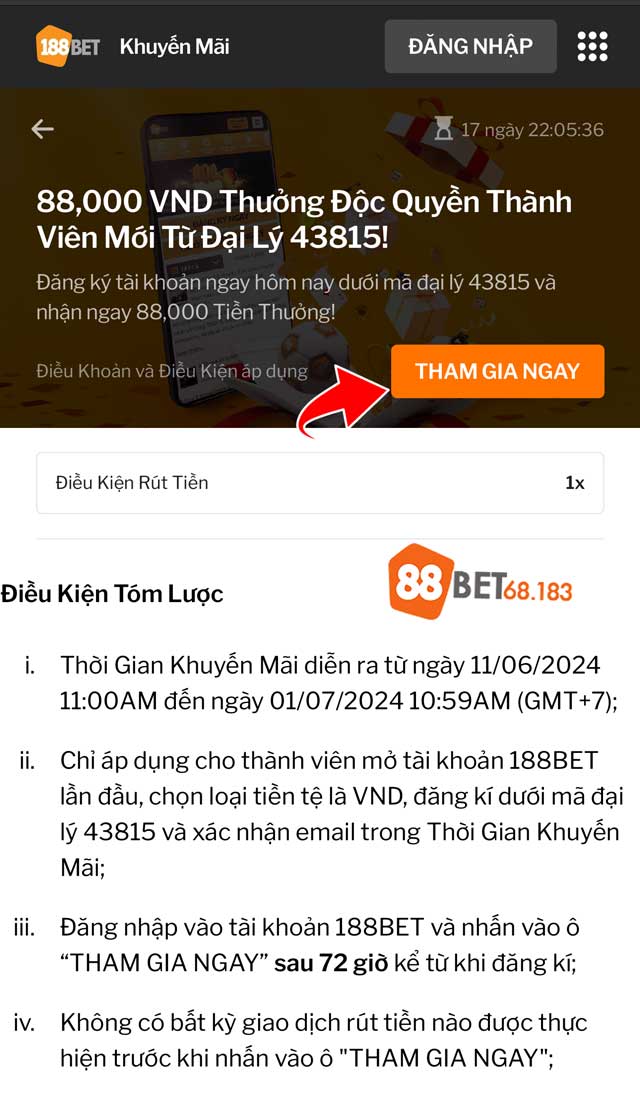 Hướng dẫn bấm nút Tham Gia Ngay để nhận khuyến mãi 188bet 88k
