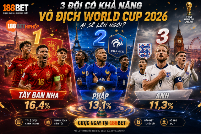 Chuyên gia 188BET Boutiquefantasias đánh giá 3 đội có khả năng vô địch World Cup 2026